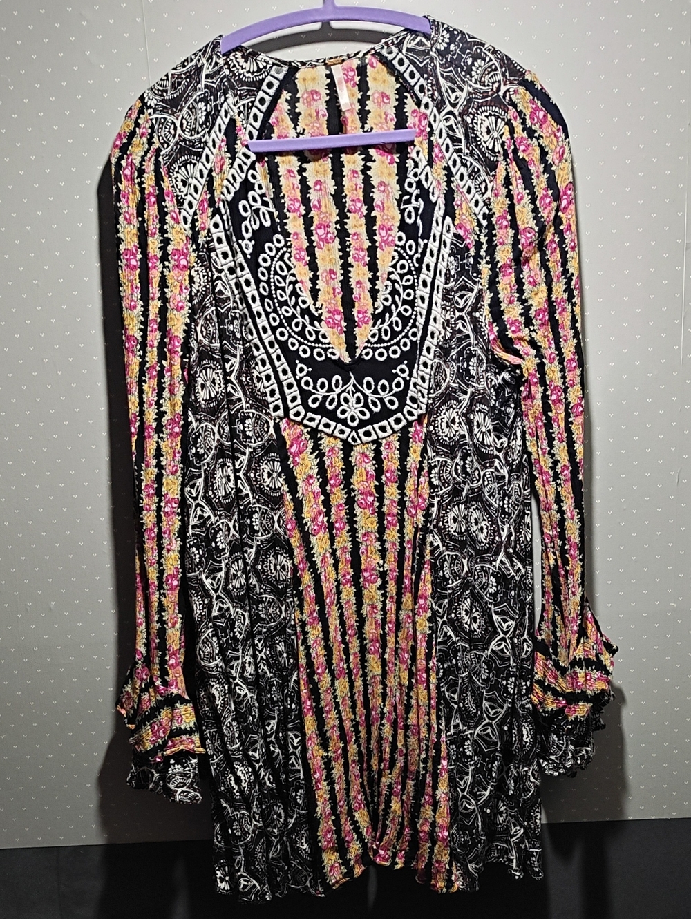 Free People Black Tunic Blouse with Pink and Cream Stripes